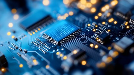 Poster - Close up view of a blue circuit board with bright LEDs and detailed electronic components showcasing technology innovation : Generative AI