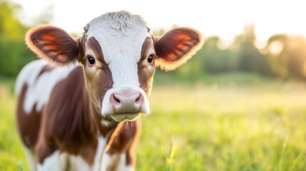 Poster - Close up of a curious brown and white calf standing in a green pasture during golden sunset highlighting farm life : Generative AI