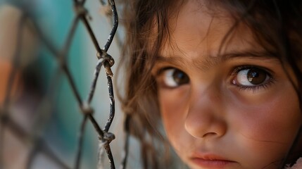 Poster - Portrait of a young girl peering through a fence with expressive eyes full of emotion : Generative AI