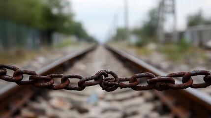 Poster - Rusty chain links on railway tracks representing abandonment and a journey left behind : Generative AI