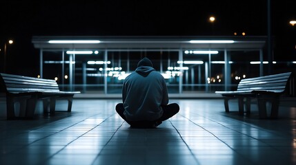 Poster - Adult man sitting alone at a dimly lit transport station reflecting in solitude during nighttime : Generative AI