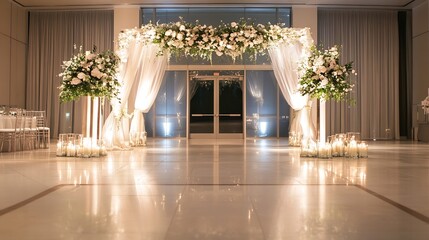 Poster - Beautifully decorated wedding venue with floral arrangements and soft lighting for a romantic celebration : Generative AI