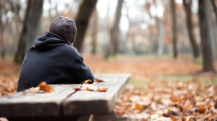 Poster - Young man sitting on a wooden bench in the woods surrounded by fallen leaves in autumn : Generative AI