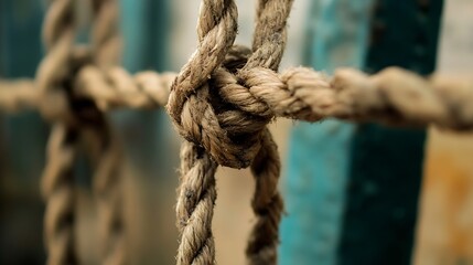 Aufkleber - Close Up of a Marine Rope Knot Tightly Bound on a Metal Frame Highlighting Texture and Detail : Generative AI