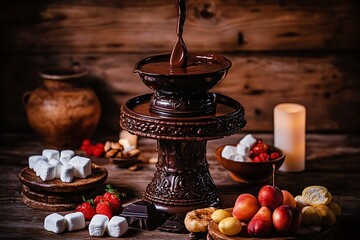 Wall Mural - Chocolate fountain flows, rustic setting, dessert buffet, food photography