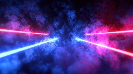 Poster - A music festival vibe with intersecting red and blue laser beams glowing through thick atmospheric smoke.