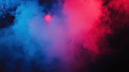 Poster - A music festival vibe with intersecting red and blue laser beams glowing through thick atmospheric smoke.