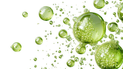 Poster - Green spheres floating and forming bubbles on transparent background