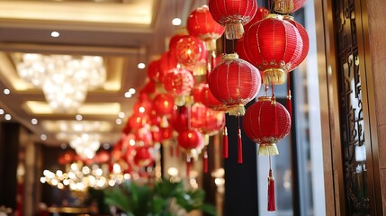 Poster - Vibrant display of red lanterns hanging in a beautifully lit restaurant setting : Generative AI