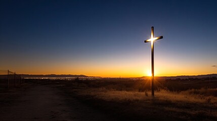 Poster - A Cross Silhouetted Against a Vivid Sunset Sky Emphasizing Faith and Reflection : Generative AI