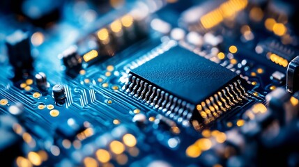 Aufkleber - Close up of a modern microprocessor on a circuit board with glowing lights and intricate details : Generative AI