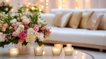 Poster - Charming flower arrangement adorned with soft pastels creating a warm and inviting home atmosphere : Generative AI