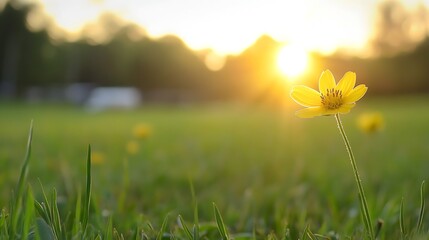 Fototapete - Stunning yellow flower blooming in a vibrant green grass field at sunset creating a beautiful landscape : Generative AI