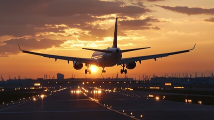 Poster - Commercial airplane landing during golden hour with dramatic sunset sky and runway lights visible : Generative AI