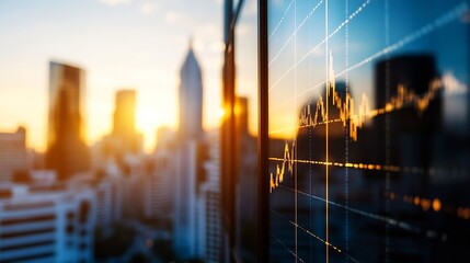 Poster - Stunning Sunset Reflection on a Glass Building Featuring a Stock Market Graph in the City : Generative AI
