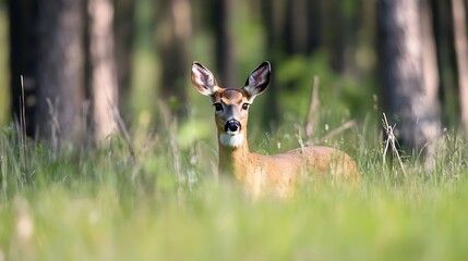 Poster - Graceful Deer Peeking Through Lush Green Grass in a Serene Forest Environment : Generative AI