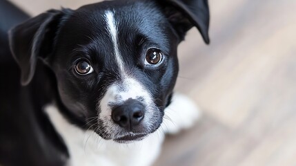Aufkleber - Adorable black and white puppy looking curiously at the camera indoors in a cozy setting : Generative AI