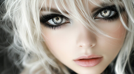 a striking young woman with long white hair exudes mystery and allure in a cyberpunk-inspired scene.