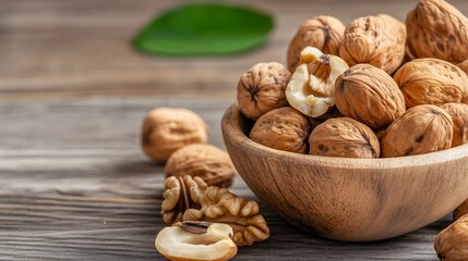 Aufkleber - Mix of healthy nuts including walnuts and hazelnuts in a wooden bowl on rustic table : Generative AI