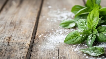 Poster - Freshly harvested basil leaves showcasing vibrant green colors on rustic wooden background : Generative AI