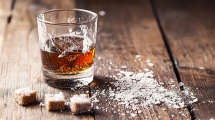 Aufkleber - Whiskey glass with ice and sugar cubes showcasing rich color on rustic wooden table : Generative AI