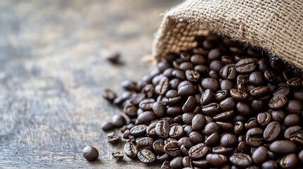Poster - Freshly roasted coffee beans spilling out of a burlap sack on a rustic wooden table for a rich aroma : Generative AI