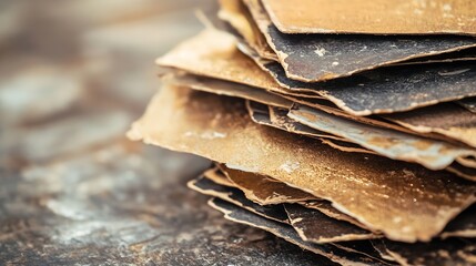 Leinwandbilder - Close up view of stacked vintage paper sheets revealing texture and intricate details of aged surfaces : Generative AI