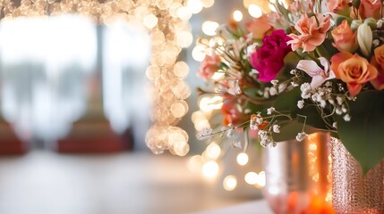 Aufkleber - Beautiful arrangement of vibrant flowers in a stylish vase with bokeh lights in the background : Generative AI