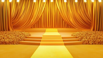 Poster - A pristine golden-yellow carpet leading to a spotlighted stage with velvet drapes, evoking prestige and sophistication. Realistic, intricate details.