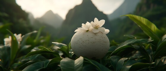 Wall Mural - Egg, flowers, mountain backdrop; nature scene