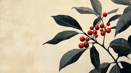 Poster - Red berries branch textured background design