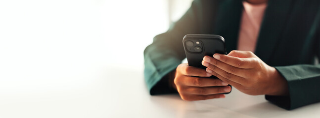 Aufkleber - Internet, online and hands typing with smartphone for user experience, mockup space or scrolling website. Banner, person and phone for reading survey post, streaming service or mobile app information