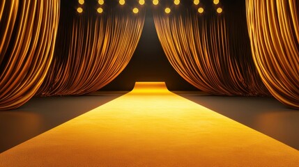 Aufkleber - A royal yellow carpet rolling towards a glowing stage, framed by rich velvet drapes, exuding harmony and grace. Realistic lighting and intricate textures.