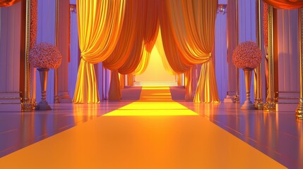 Aufkleber - A royal yellow carpet rolling towards a glowing stage, framed by rich velvet drapes, exuding harmony and grace. Realistic lighting and intricate textures.