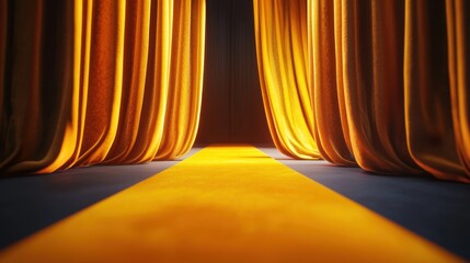 Aufkleber - A royal yellow carpet rolling towards a glowing stage, framed by rich velvet drapes, exuding harmony and grace. Realistic lighting and intricate textures.