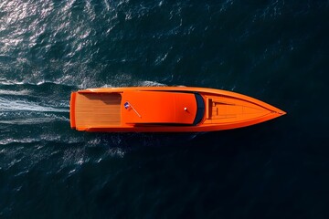 A small yellow boat sailing on the deep blue sea, from a drone aerial photography perspective, a bird's-eye view, a top-down angle