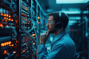Fototapete - Man wearing blue shirt and headphones working on computer at desk with focused expression and modern setup