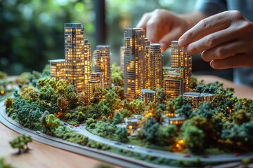 modern cityscape architectural model with skyscrapers and trees in hyper-realistic style