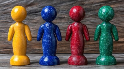 Four Colorful Wooden Figurines Representing Diversity and Teamwork