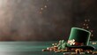 © Krittika - A green top hat adorned with a shamrock rests beside scattered gold coins on a dark, softly lit surface, evoking a festive St. Patrick's Day atmosphere.