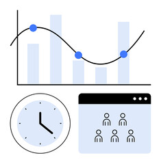 Wall Mural - Bar chart and trendline with points, clock for time, and user group dashboard. Ideal for analytics, teamwork, planning, productivity, scheduling, insights abstract line flat metaphor