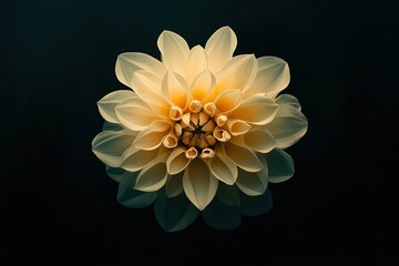 Wall Mural - A dramatic close-up of a blooming yellow dahlia flower with glowing petals against a deep black backdrop.