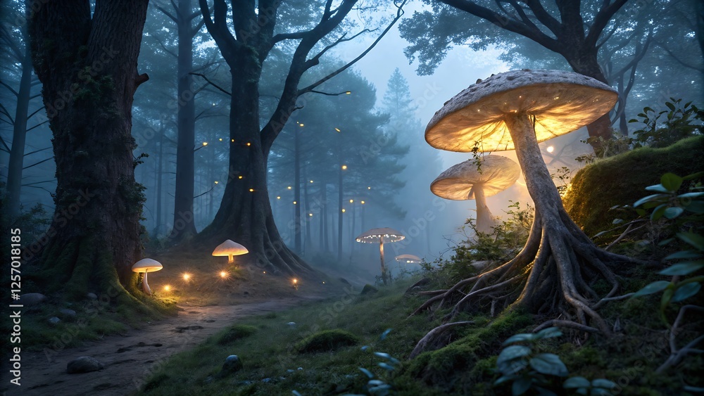 mystical enchanted forest at twilight, glowing bioluminescent mushrooms ...