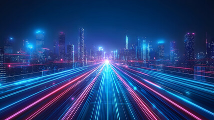 Poster - Futuristic city highway at night, glowing lights