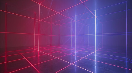 Poster - Neon grid room, vibrant lights, dark background, digital art, ideal for tech or gaming