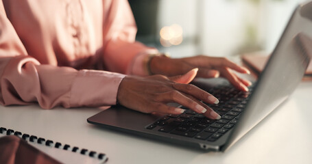 Leinwandbilder - Hands, keyboard and woman in office with laptop, market research or web review for online project stats. Proposal, data analysis or businesswoman at desk typing email, report or business intelligence