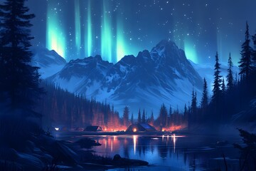 night landscape with mountains with aurora