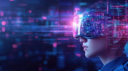 Aufkleber - Woman wearing virtual reality headset engaged in immersive digital experience at home or office