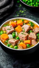 Canvas Print - Ham and vegetable soup, kitchen, dark background, healthy meal