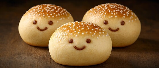 Wall Mural - Happy smiley buns on wood; baking, food